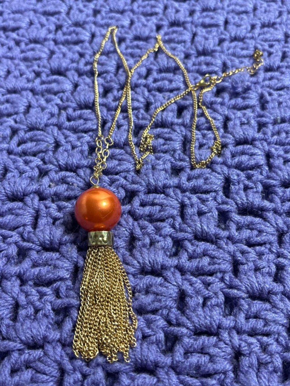 Goldtone Necklace Orange Plastic Bead Pendant Chain Tassel 30 - 32 inches Long